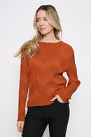 Lettuce-Edge Long-Sleeve Pleated Top Front View