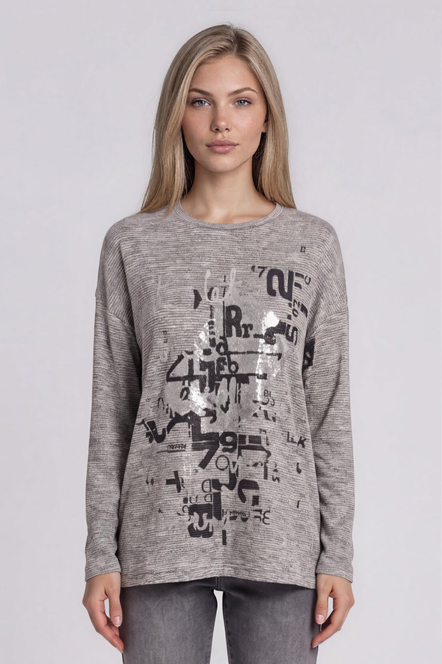 Embroidered Foil Print Top Front View