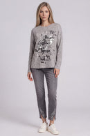 Embroidered Foil Print Top Full Length