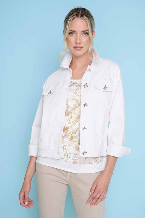 Flower Button Denim Jacket Front View