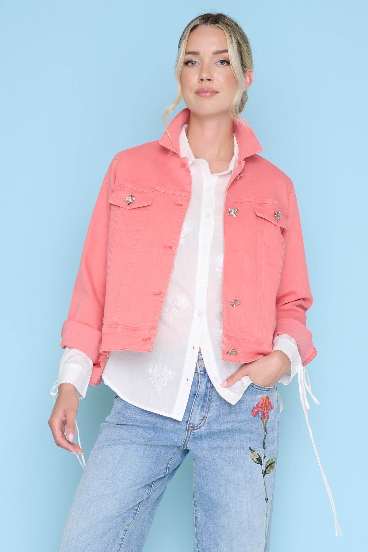 Flower Button Denim Jacket
