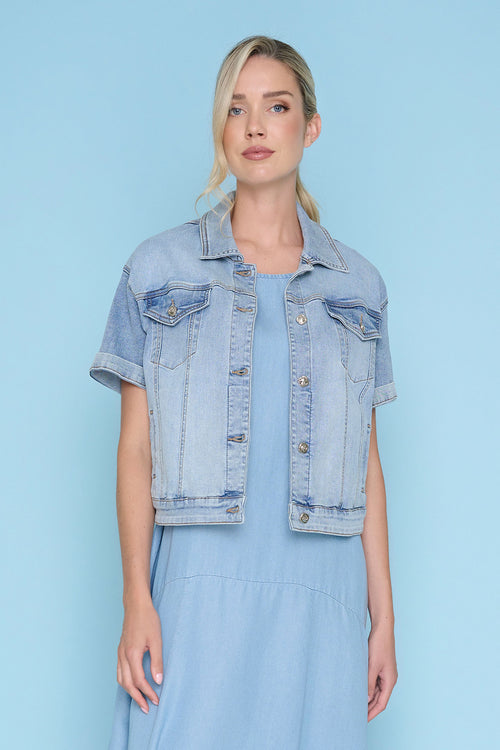 Short-Sleeve Glitter Denim Jacket Front View
