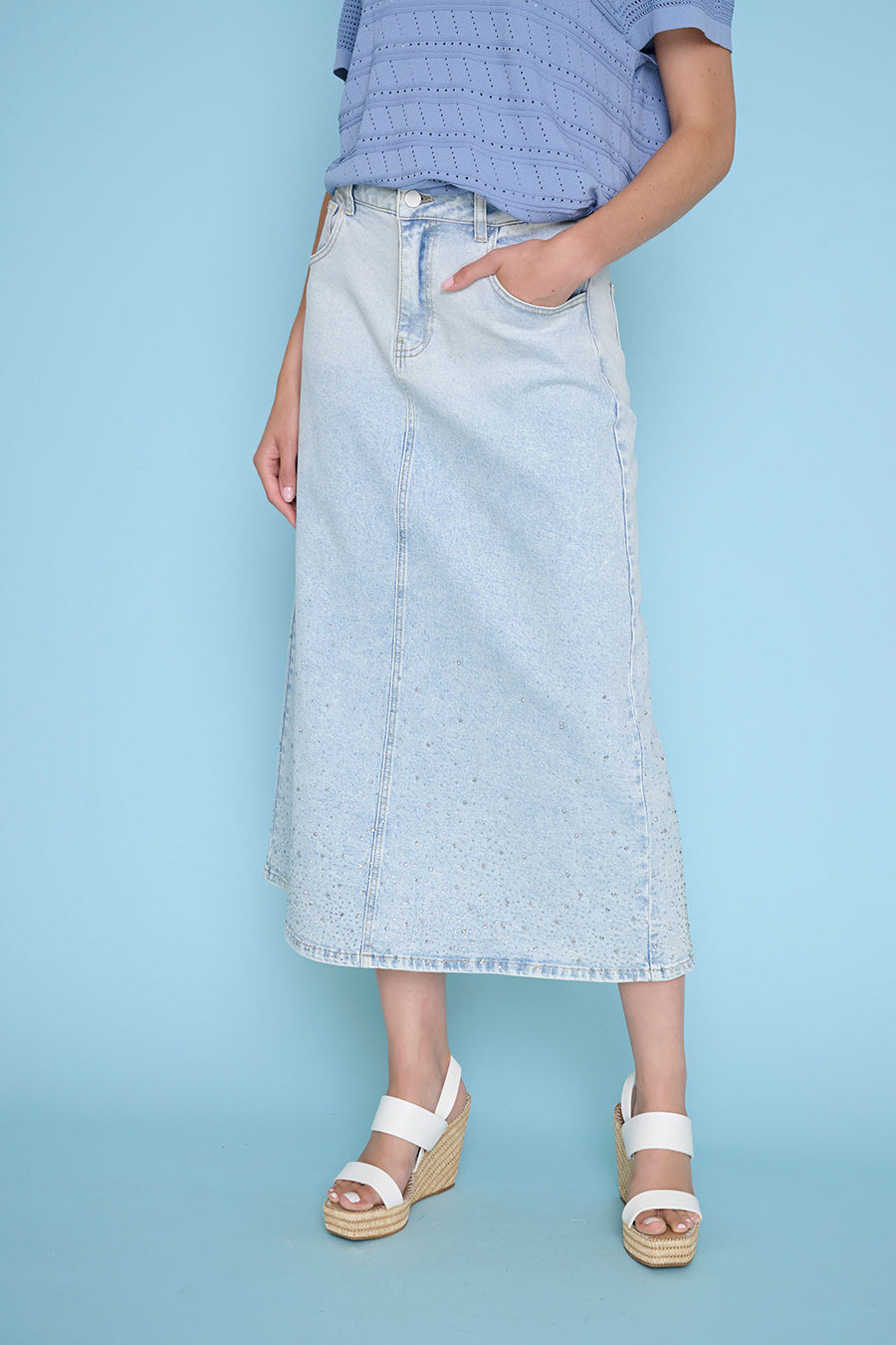 Rhinestone Denim Long Skirt