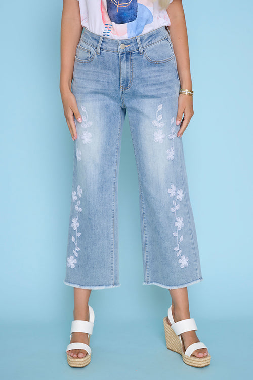 Embellished Wide-Leg Cropped Jeans Front View