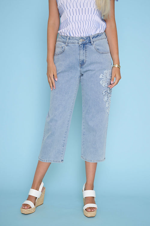 Leaf Applique Cropped Jeans Front View