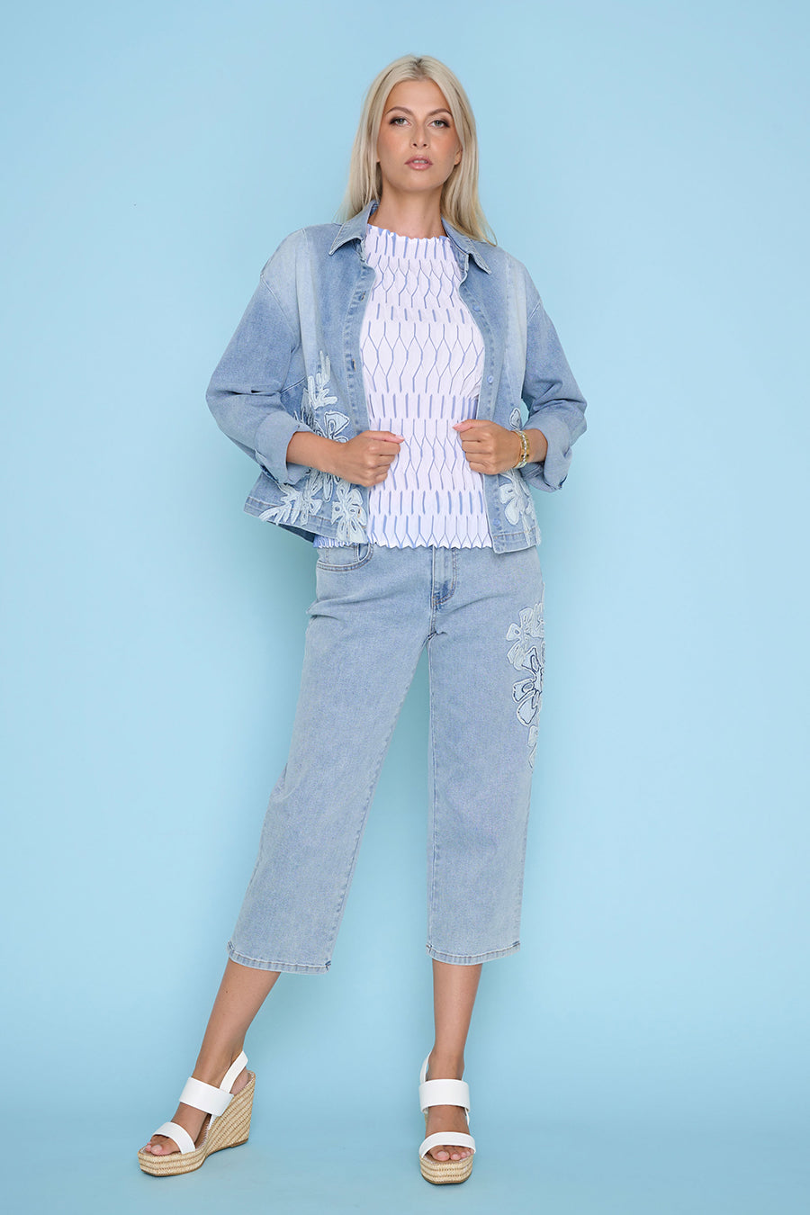 Leaf Applique Cropped Jeans Full Length