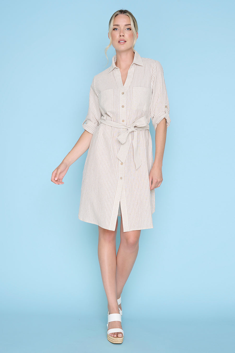 3/4 Sleeves Button-Front Belted Dress