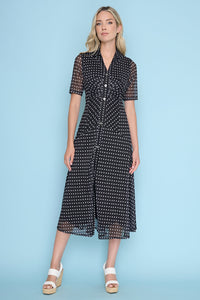 Polka-Dot Short-Sleeves Button-Down Long Dress