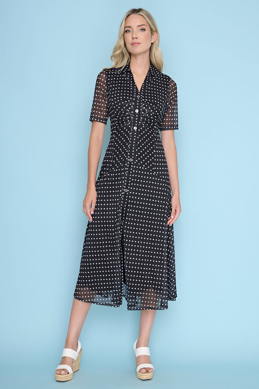 Polka-Dot Short-Sleeves Button-Down Long Dress