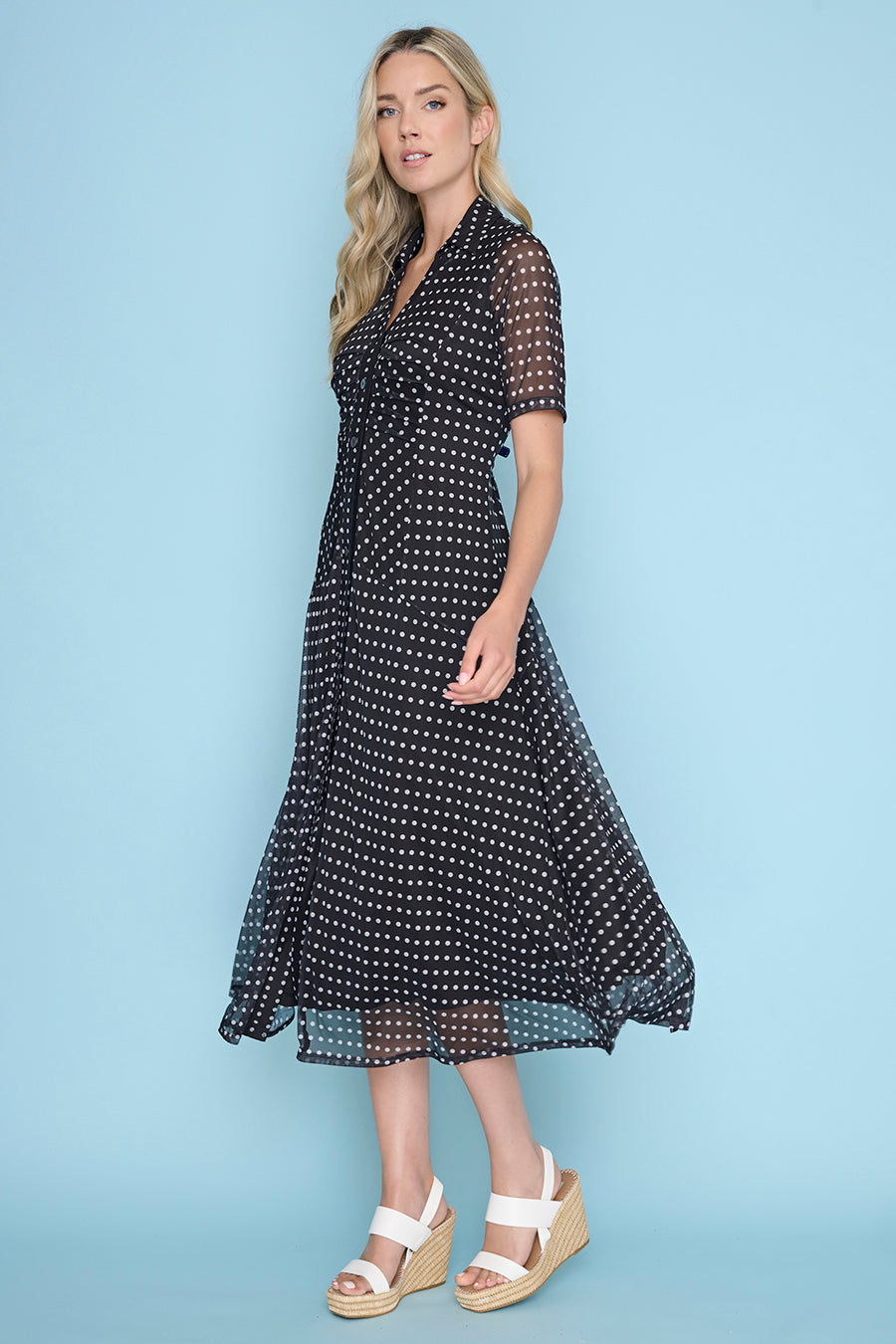 Polka-Dot Short-Sleeves Button-Down Long Dress