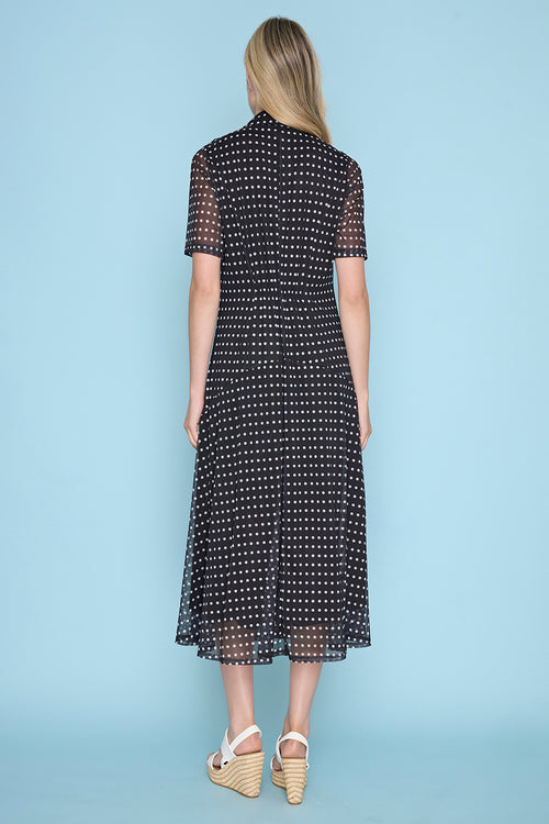 Polka-Dot Short-Sleeves Button-Down Long Dress