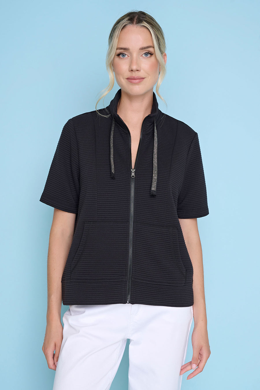 Solid Ottoman Short-Sleeves Zip-Front Jacket