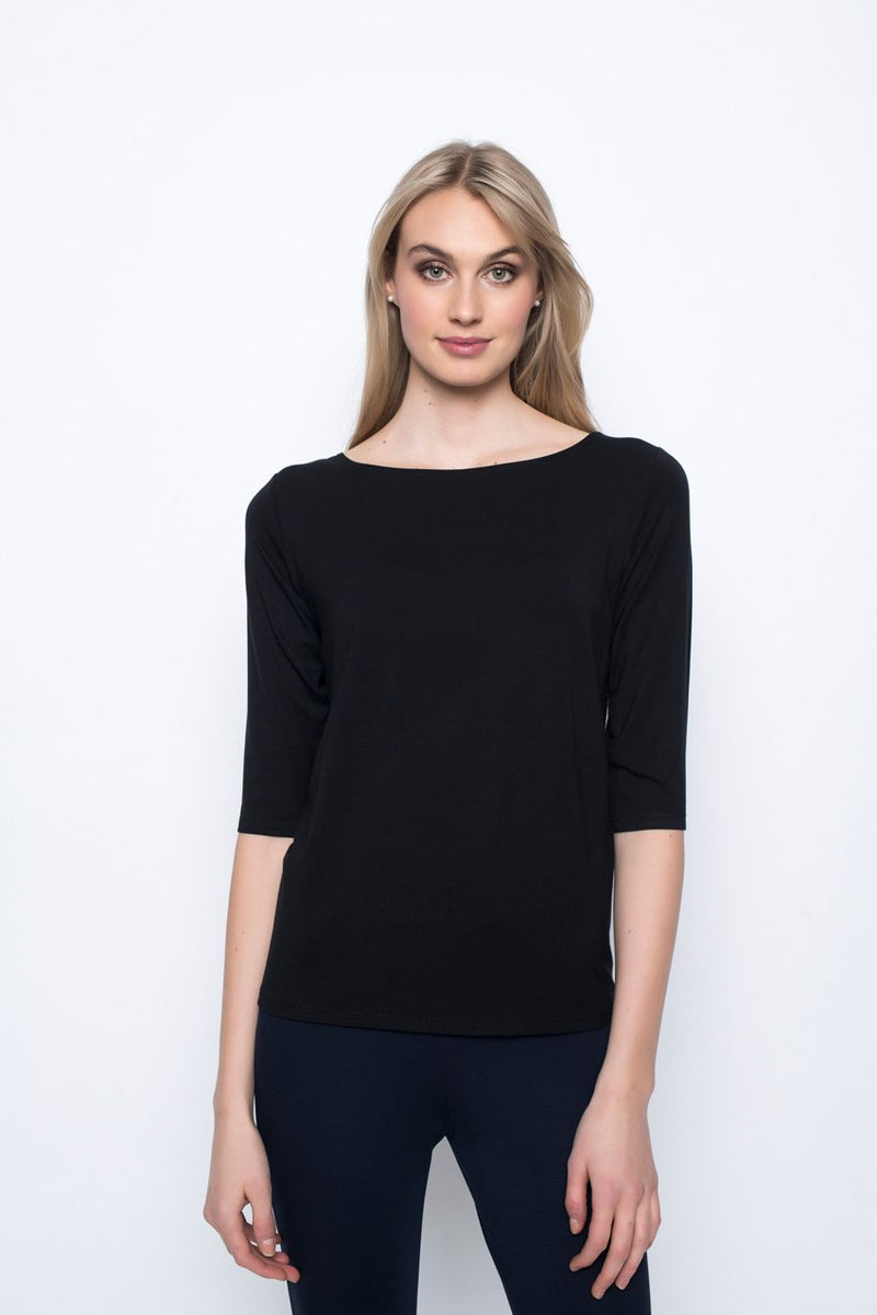 ¾ Sleeve Boat Neck Top in black by Picadilly Canada