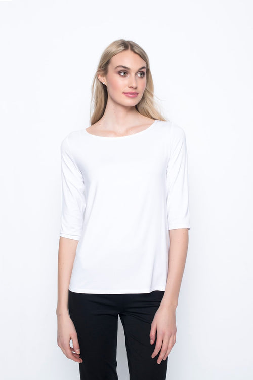 ¾ Sleeve Boat Neck Top in white by Picadilly Canada