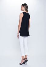 side view of outfit featuring Curved Hem Tank Top in black by Picadilly canada