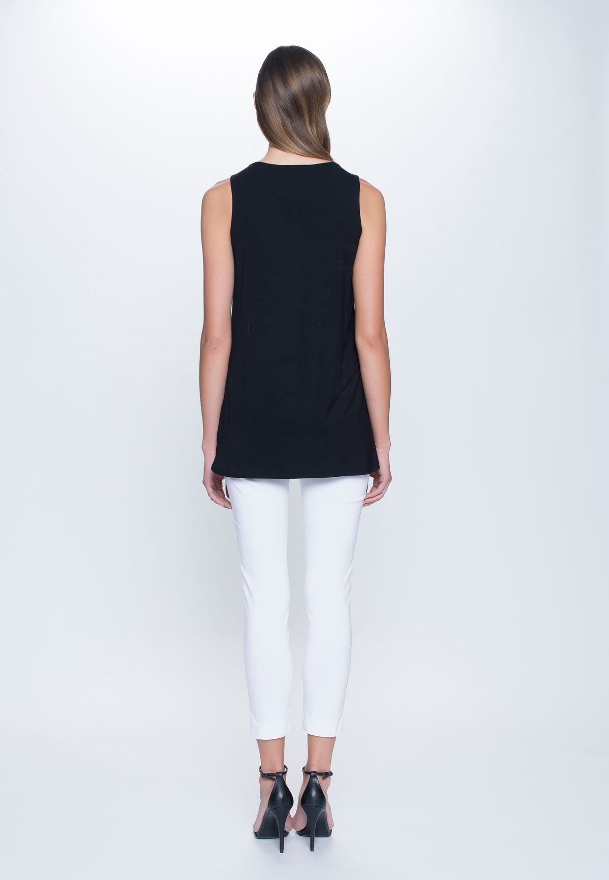 back view of outfit featuring Curved Hem Tank Top in black by Picadilly canada