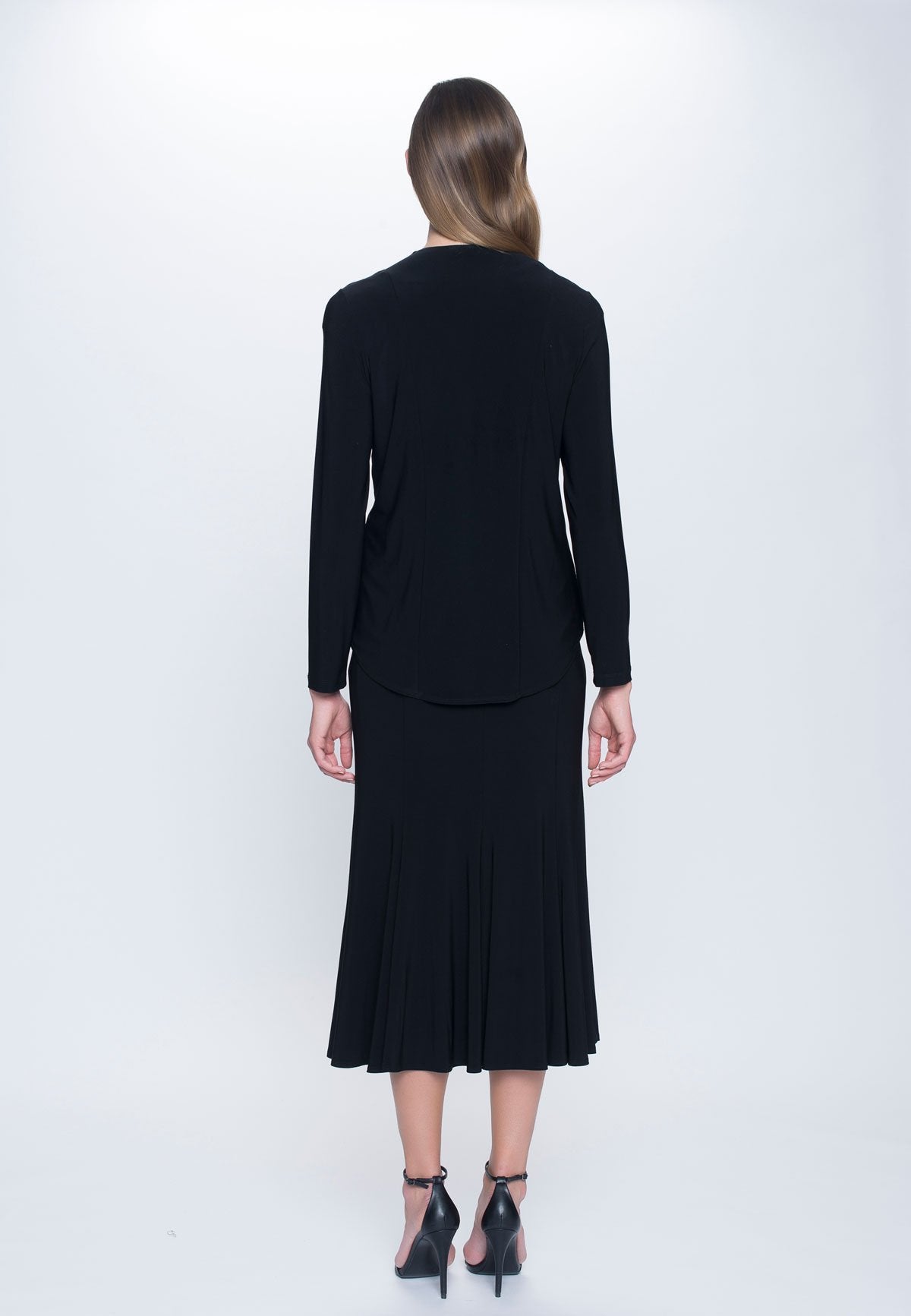 back view of outfit featuring Long Open Front Jacket in black by picadilly canada