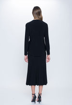 back view of outfit featuring Long Open Front Jacket in black by picadilly canada