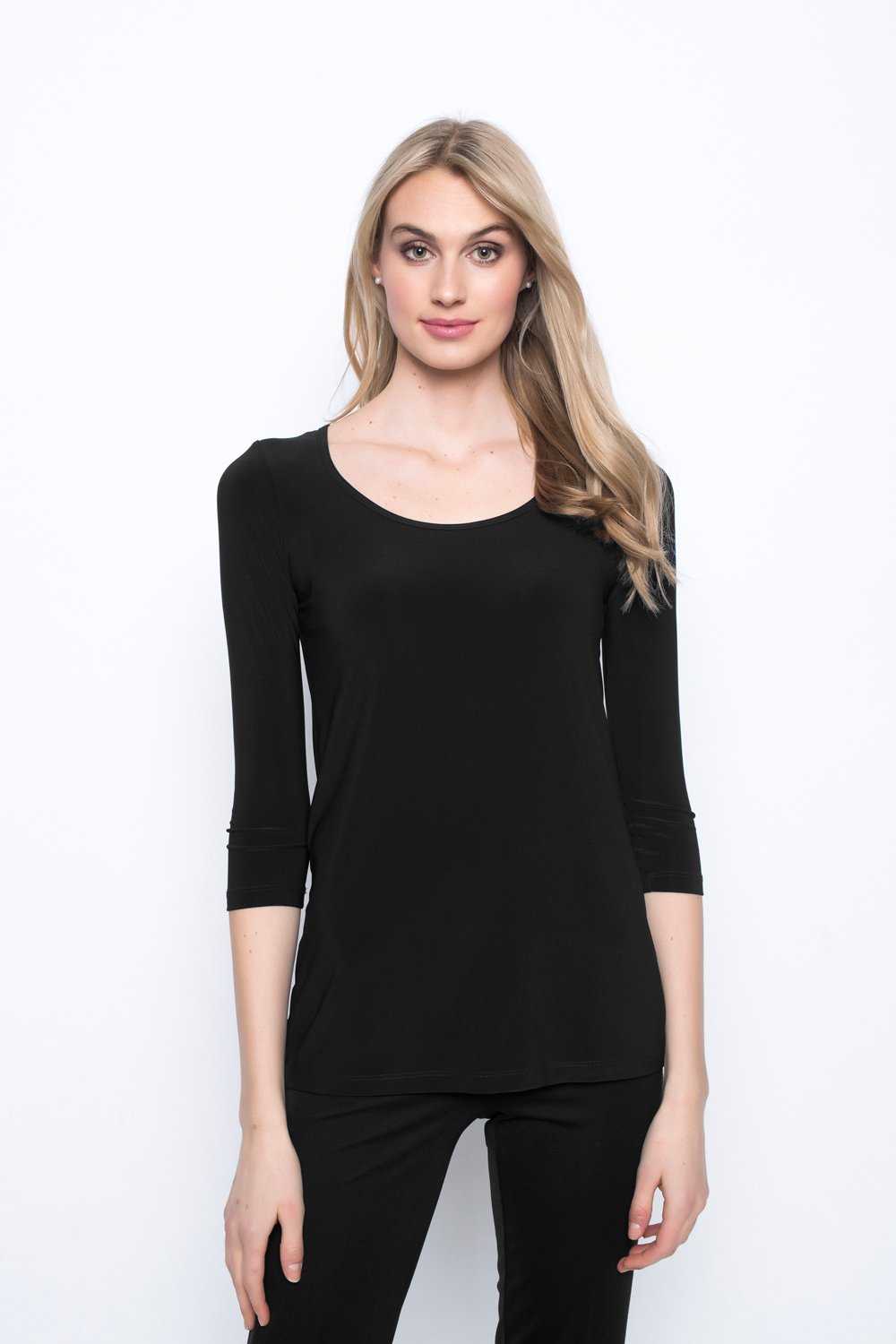 3/4 Sleeve Round Neck Top in black by Picadilly canada