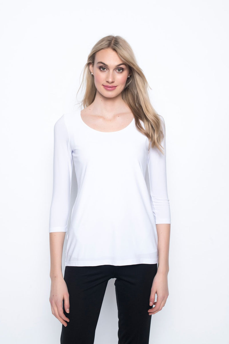 3/4 Sleeve Round Neck Top in white by Picadilly canada