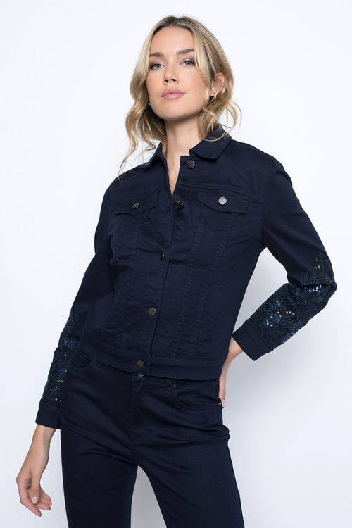 Cutout Embroidered Denim Jacket in deep navy close up