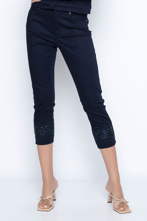 Cutout Embroidered Jeans in deep navy close up
