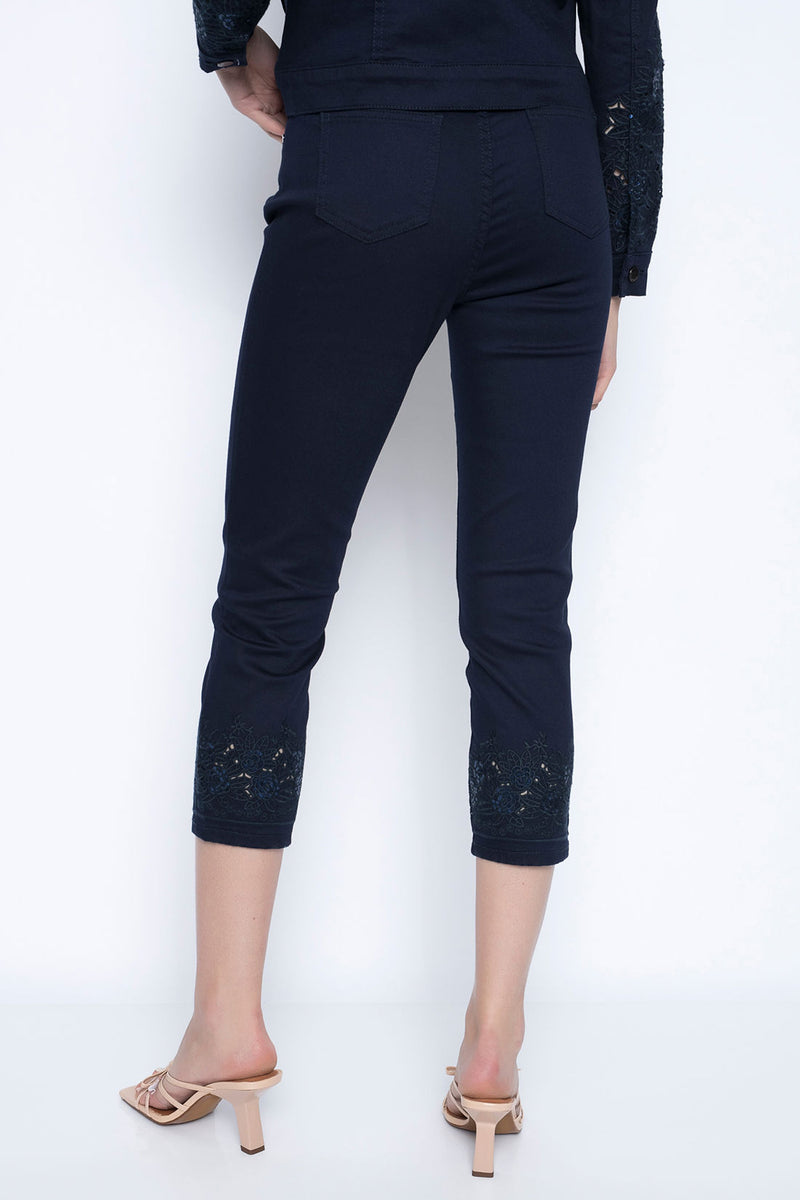 Cutout Embroidered Jeans in deep navy close up back view