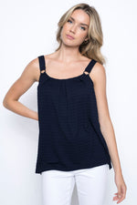 O-Ring Pleated Tank in deep navy close up view