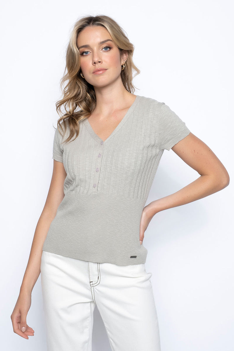 Short Sleeve Rib Knit Top Front View Oatmeal