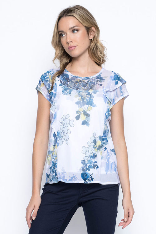Floral Ruffle Trim Top front view