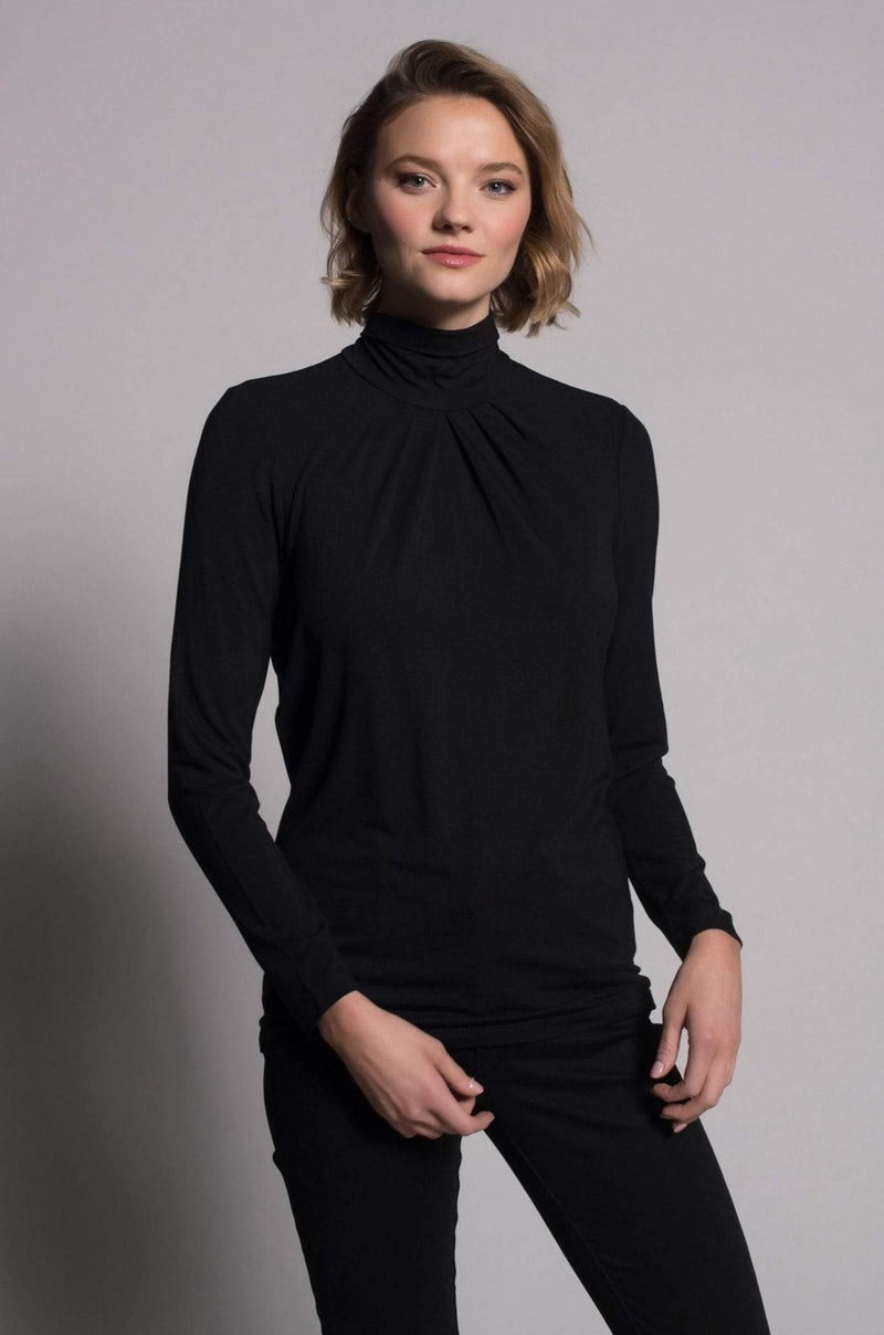 Pleated Mock Neck Top in black by Picadilly Canada