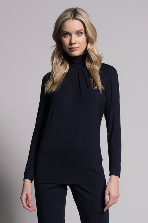 Pleated Mock Neck Top in deep navy by Picadilly Canada