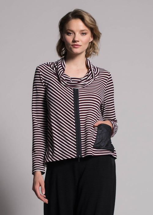 Printed Draped Collar Zipper Trim Tunic in bordeaux by picadilly canada
