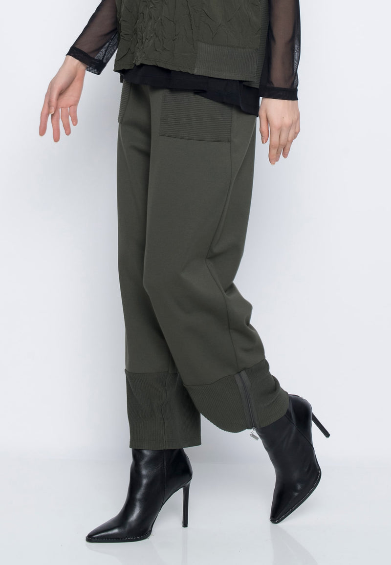 Zipper Trim Wide-Leg Pants in olive by Picadilly Canada