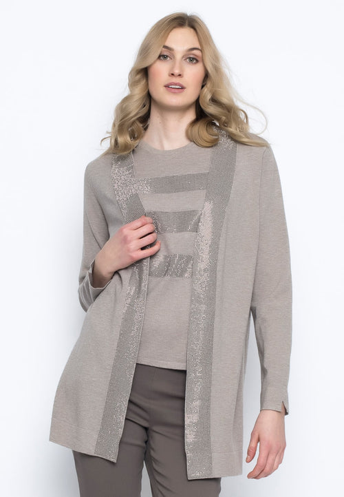 Embellished Open Front Jacket in rustic taupe by Picadilly Canada