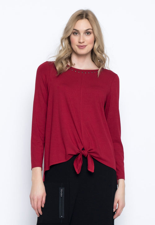 Tie-Front Embellished Top in baked red by Picadilly Canada