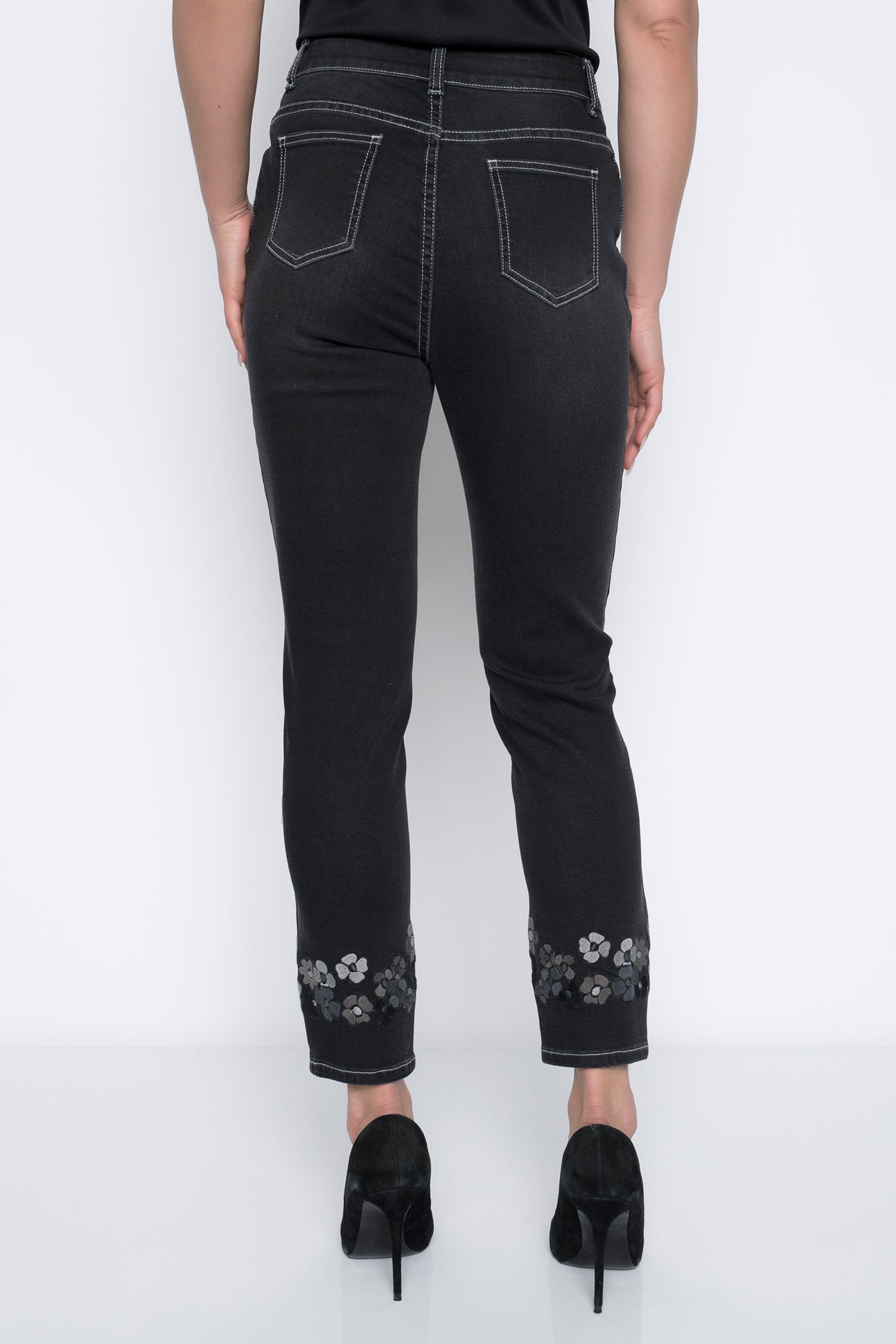 QVC Denim & Co Women's Jeans M High Waist Black Denim Floral Embroidery  30X30
