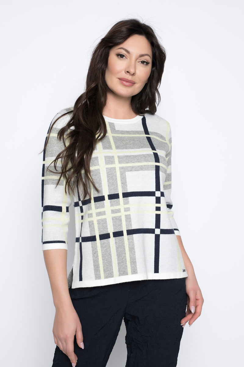 3/4 Sleeve Plaid Sweater Top