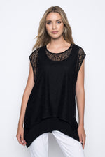 Lace Overlay Loose Fit Top in black by picadilly canada